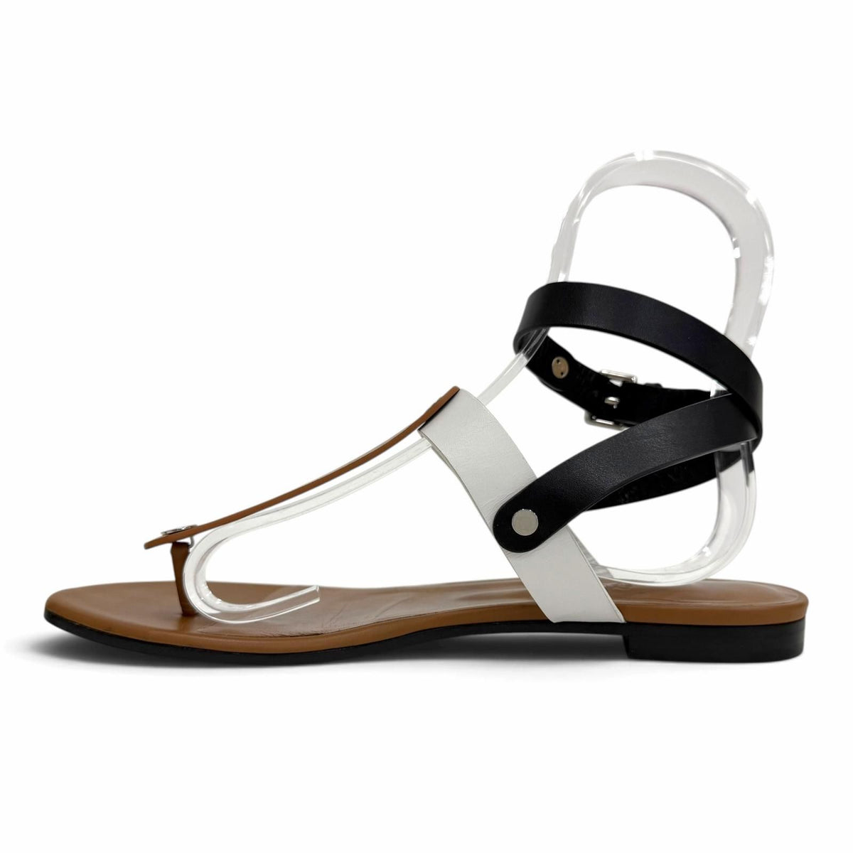 Hermes Silver Sellier Buttons Ankle Strap Leather Thong Sandals Brown White — view 6