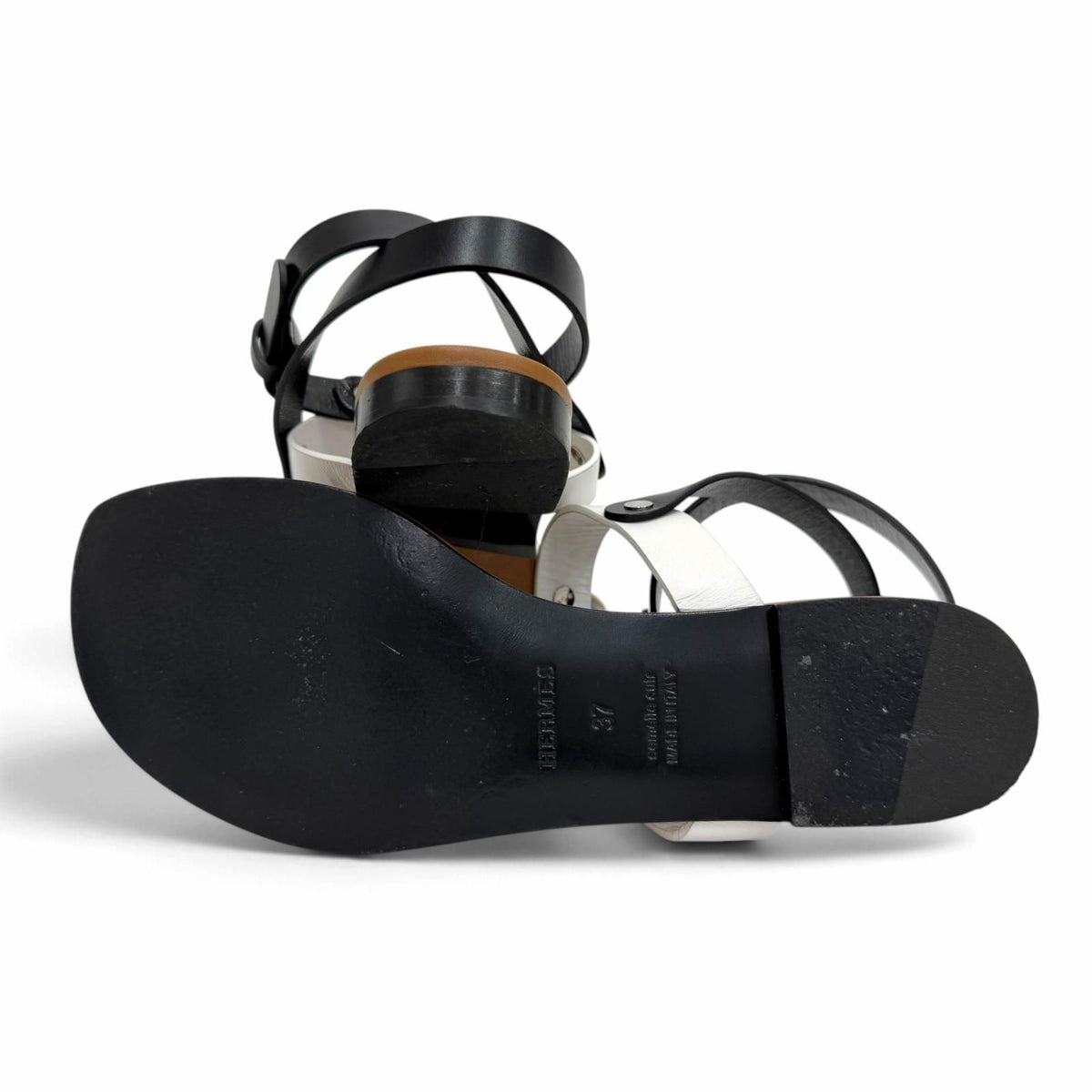 Hermes Silver Sellier Buttons Ankle Strap Leather Thong Sandals Brown White — view 5