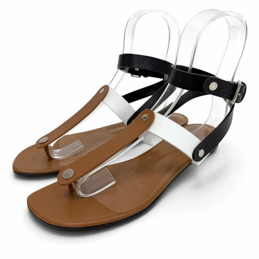 Hermes Silver Sellier Buttons Ankle Strap Leather Thong Sandals Brown White