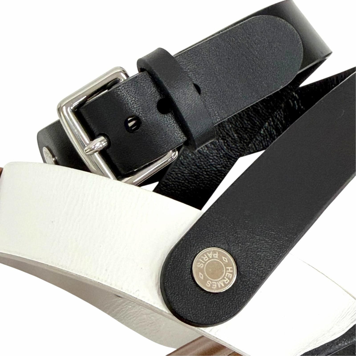 Hermes Silver Sellier Buttons Ankle Strap Leather Thong Sandals Brown White — view 8