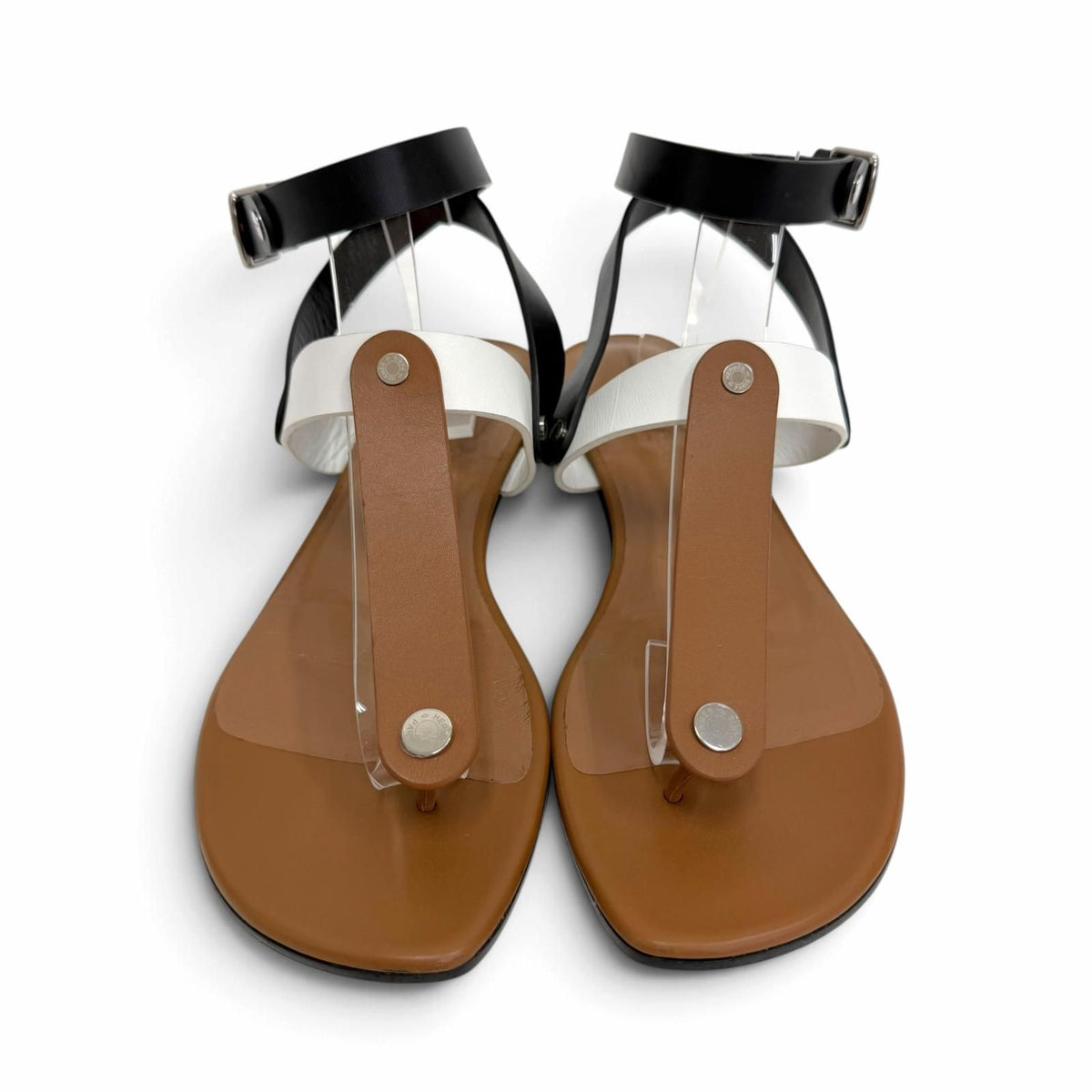 Hermes Silver Sellier Buttons Ankle Strap Leather Thong Sandals Brown White — view 3
