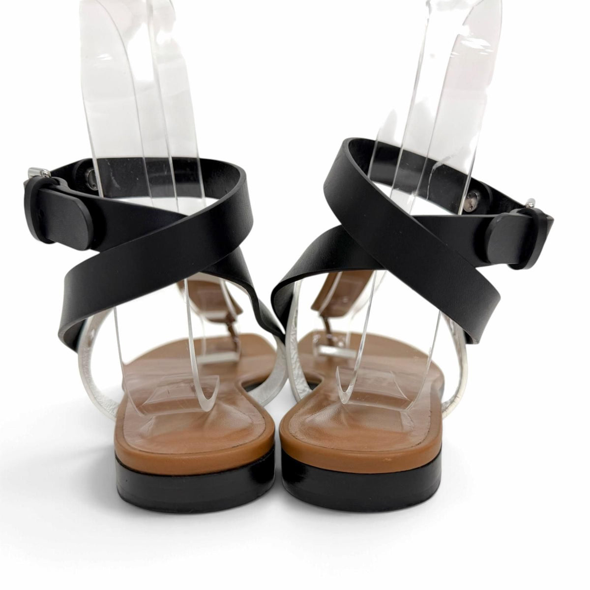 Hermes Silver Sellier Buttons Ankle Strap Leather Thong Sandals Brown White — view 4