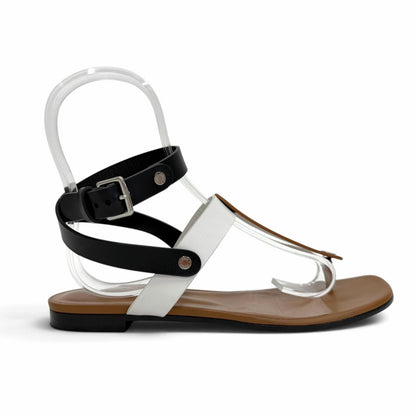 Hermes Silver Sellier Buttons Ankle Strap Leather Thong Sandals Brown White — view 7