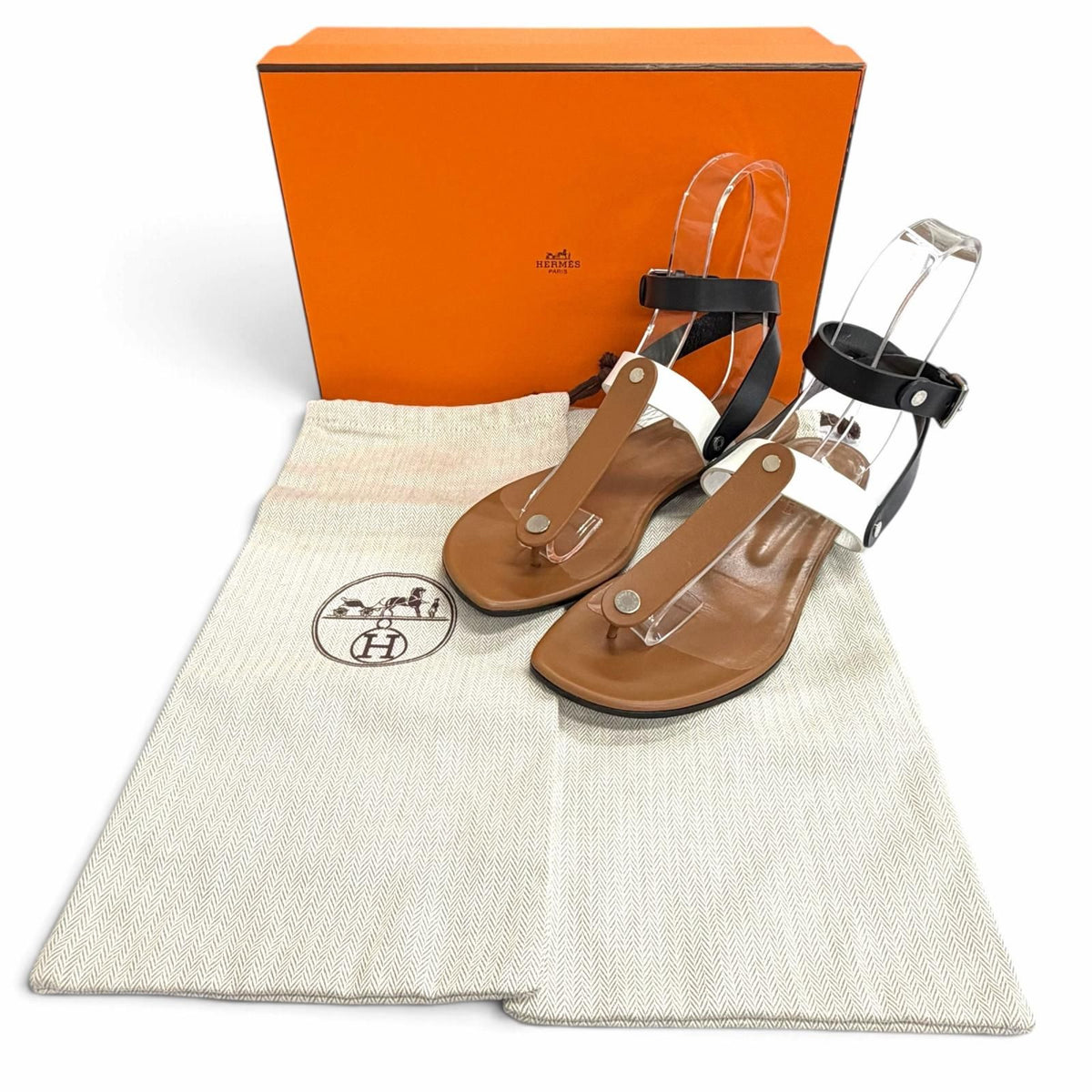 Hermes Silver Sellier Buttons Ankle Strap Leather Thong Sandals Brown White — view 2