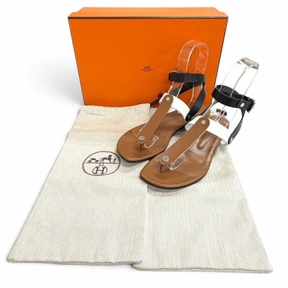 Hermes Silver Sellier Buttons Ankle Strap Leather Thong Sandals Brown White — view 2