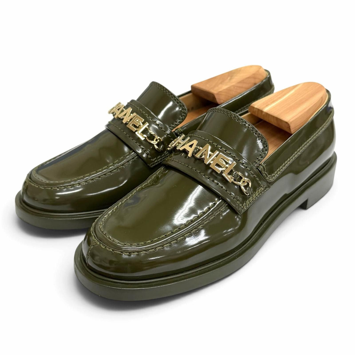 Chanel 22K Patent Leather CC Logo Loafers Dark Green Gold