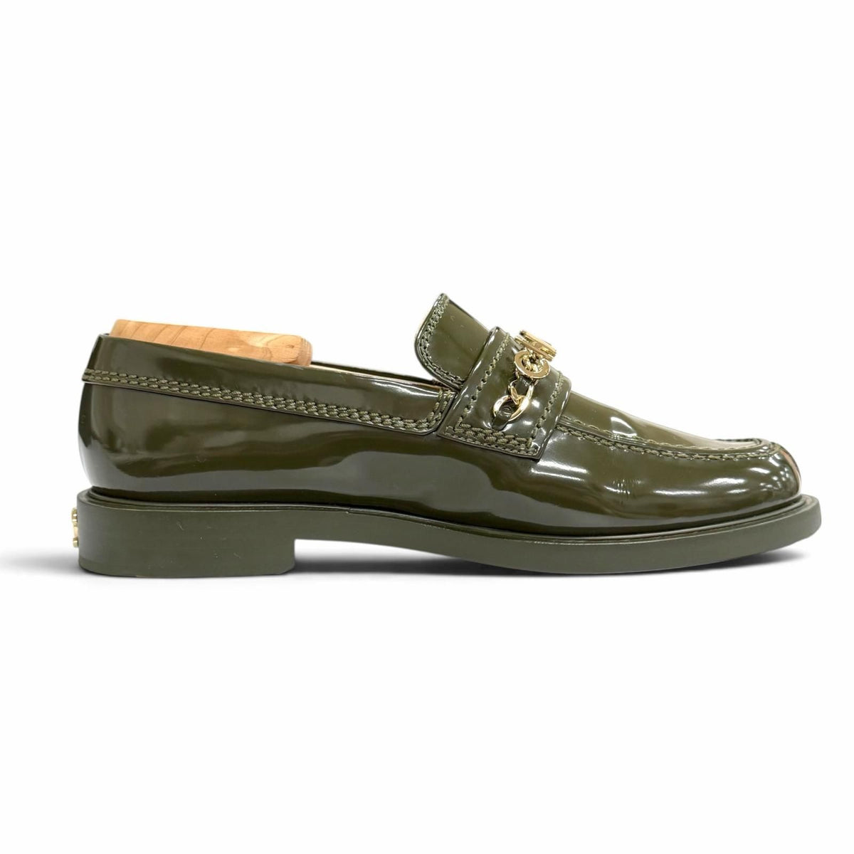 Chanel 22K Patent Leather CC Logo Loafers Dark Green Gold — view 7