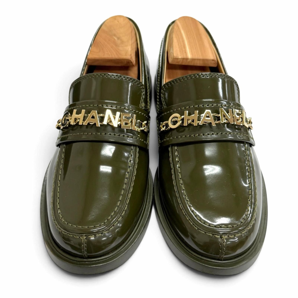 Chanel 22K Patent Leather CC Logo Loafers Dark Green Gold — view 3
