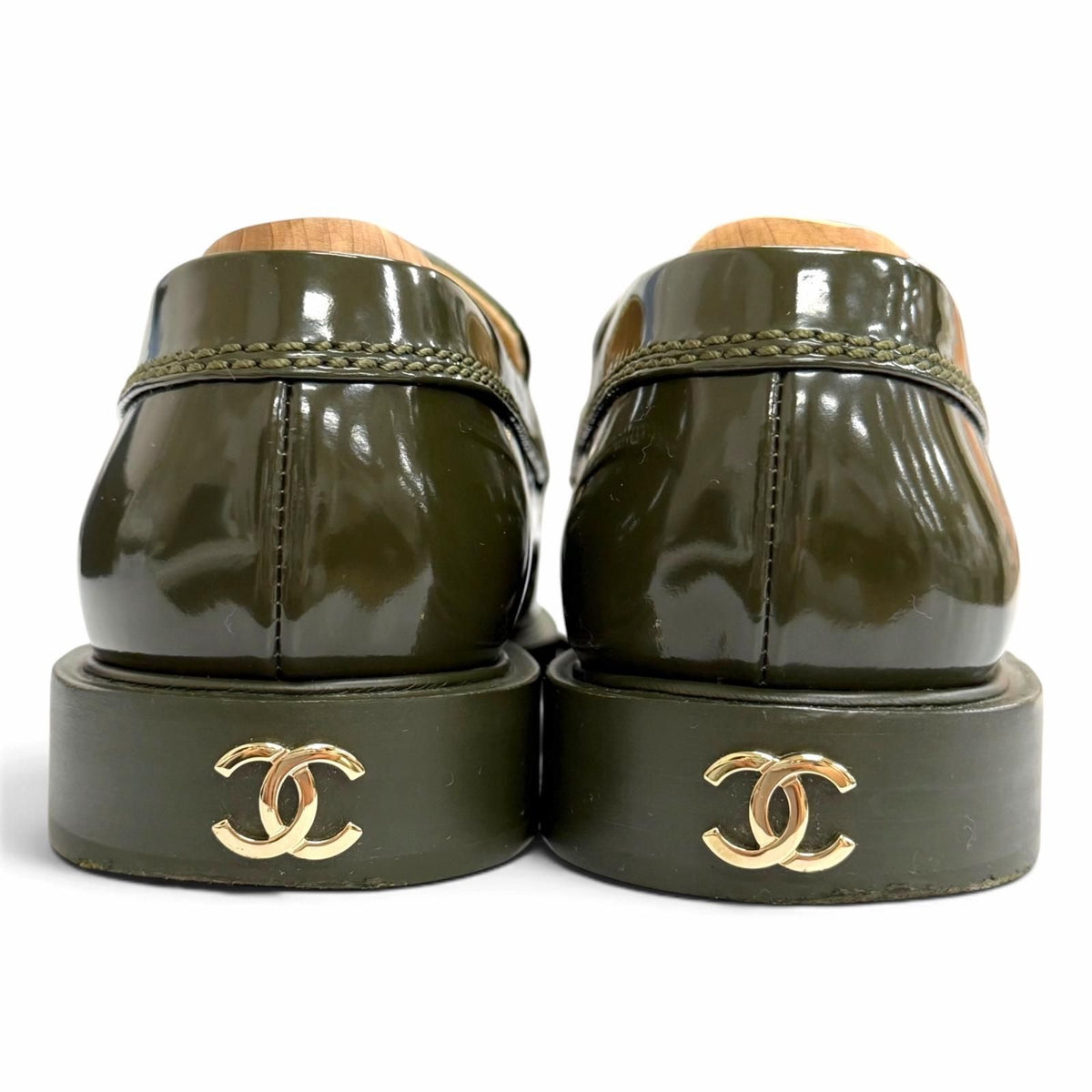 Chanel 22K Patent Leather CC Logo Loafers Dark Green Gold — view 4