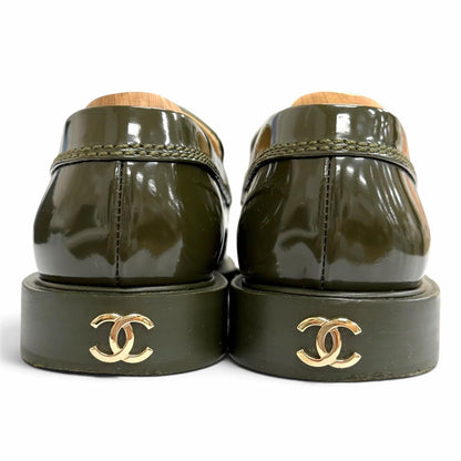 Chanel 22K Patent Leather CC Logo Loafers Dark Green Gold — view 4