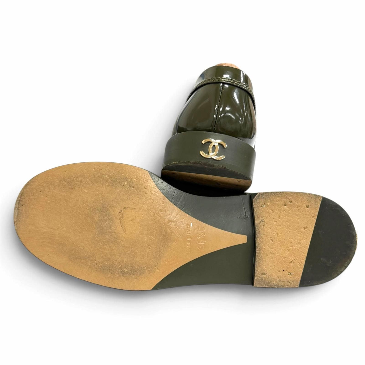 Chanel 22K Patent Leather CC Logo Loafers Dark Green Gold — view 5
