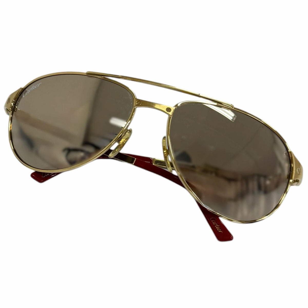Cartier Santos Dumont Mirror Lens Two Bridge Sunglasses Gold Bordeaux Eyewear
