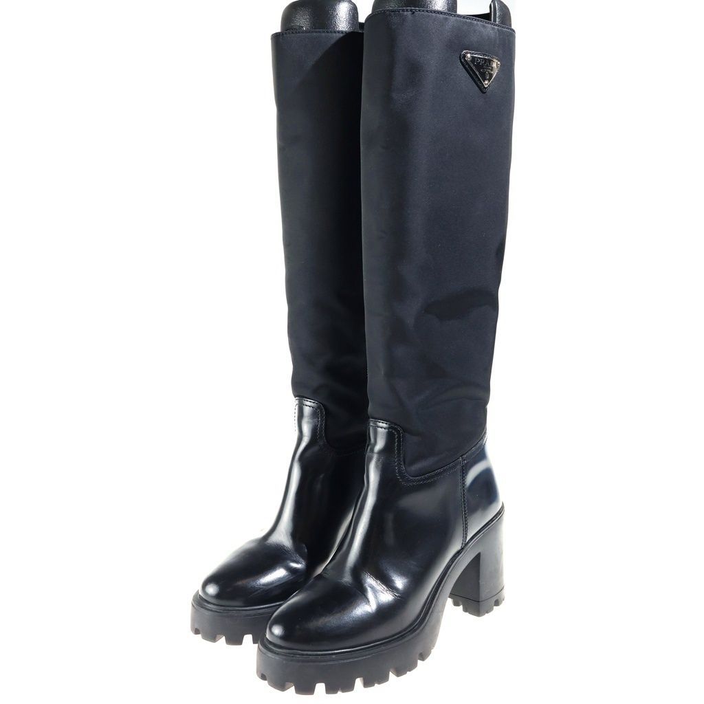 Prada Re-Nylon Knee High Boots Leather Paneled Long Triangle Logo Zip Black — view 2