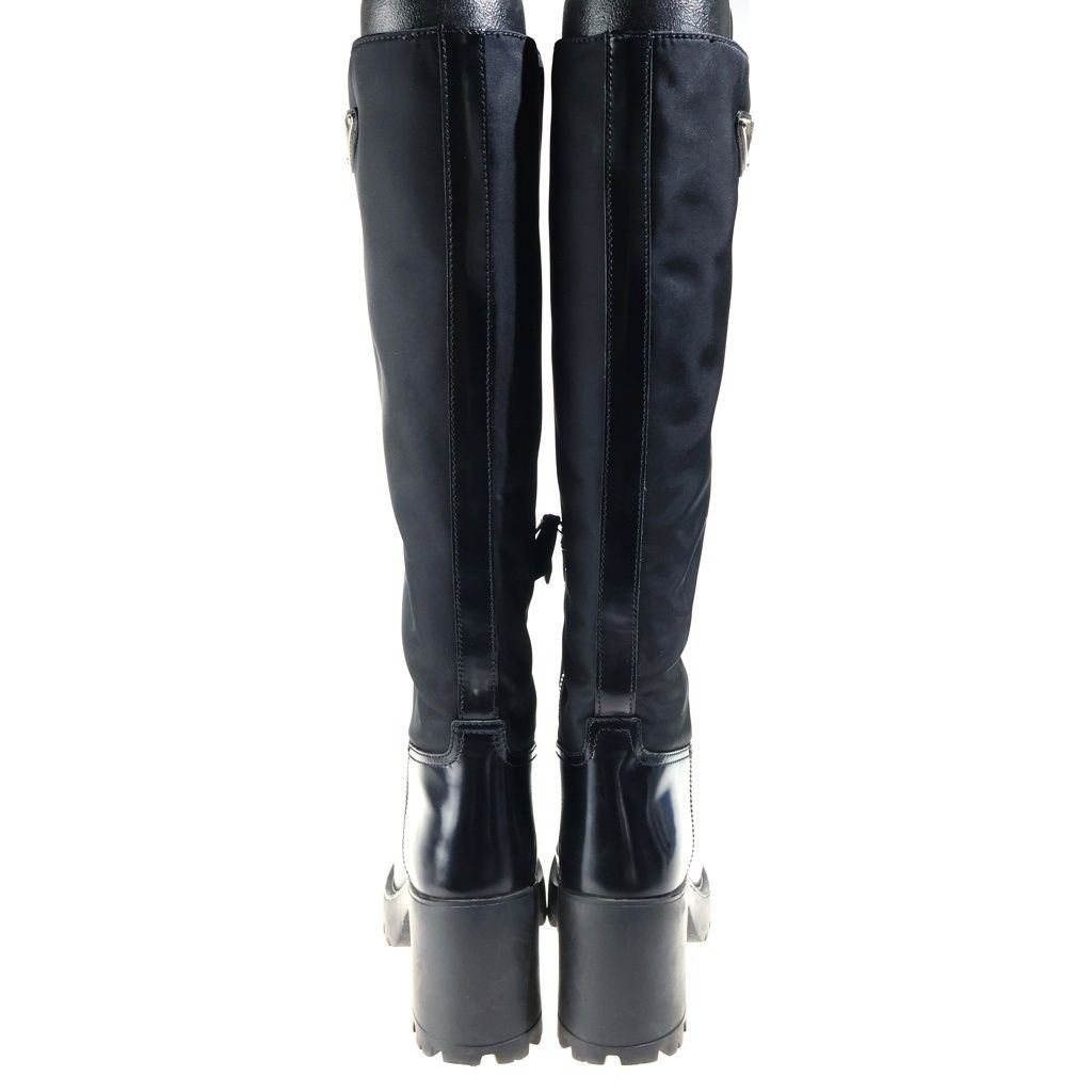 Prada Re-Nylon Knee High Boots Leather Paneled Long Triangle Logo Zip Black — view 3
