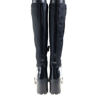 Prada Re-Nylon Knee High Boots Leather Paneled Long Triangle Logo Zip Black — view 3