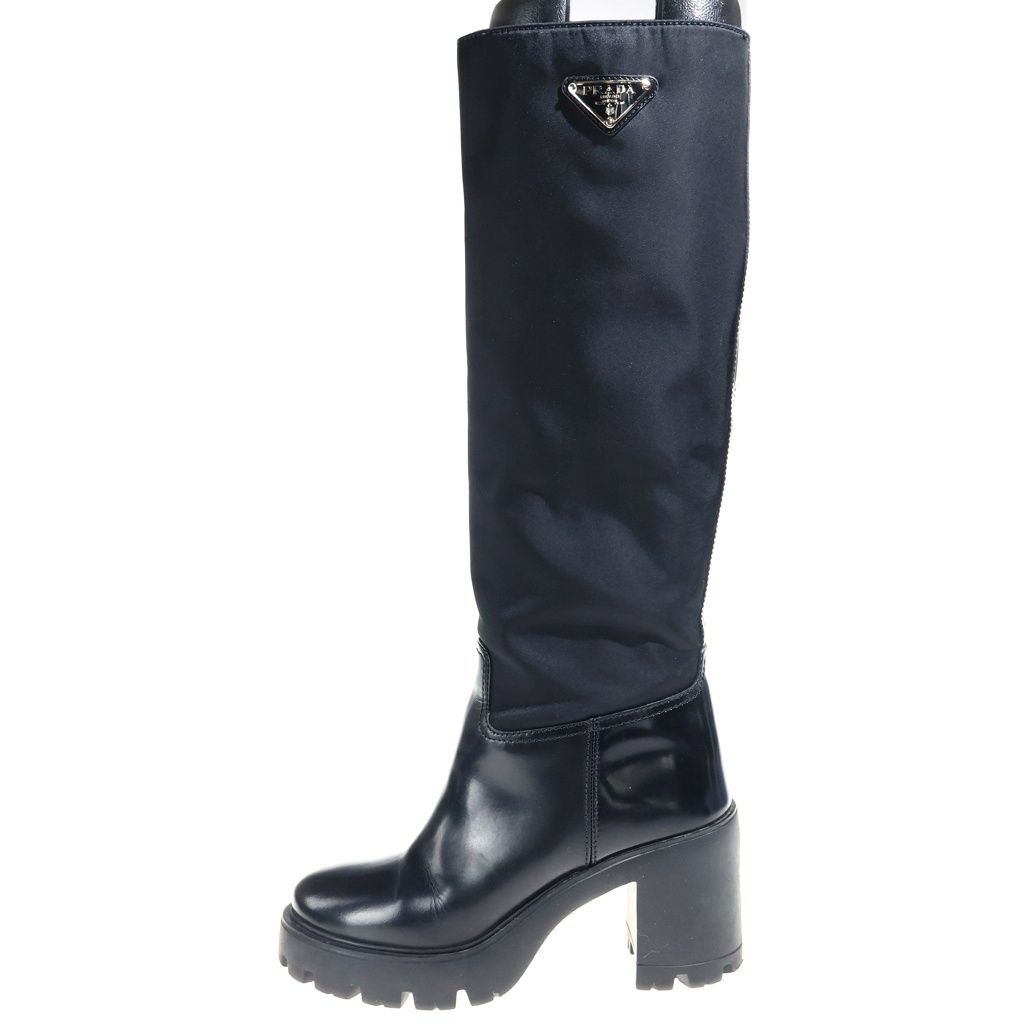 Prada Re-Nylon Knee High Boots Leather Paneled Long Triangle Logo Zip Black