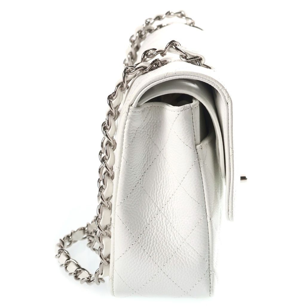 Chanel 25 Caviar Leather Double Flap Chain Shoulder Bag Silver White — view 3