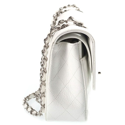 Chanel 25 Caviar Leather Double Flap Chain Shoulder Bag Silver White — view 3