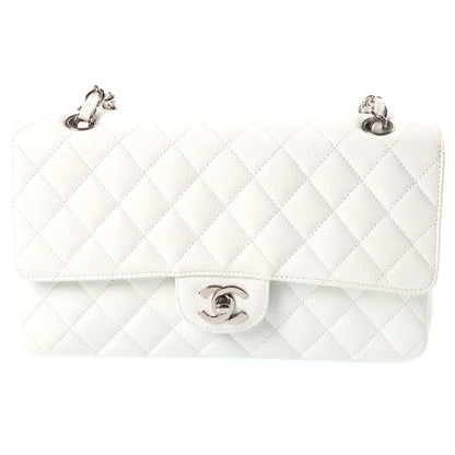 Chanel 25 Caviar Leather Double Flap Chain Shoulder Bag Silver White
