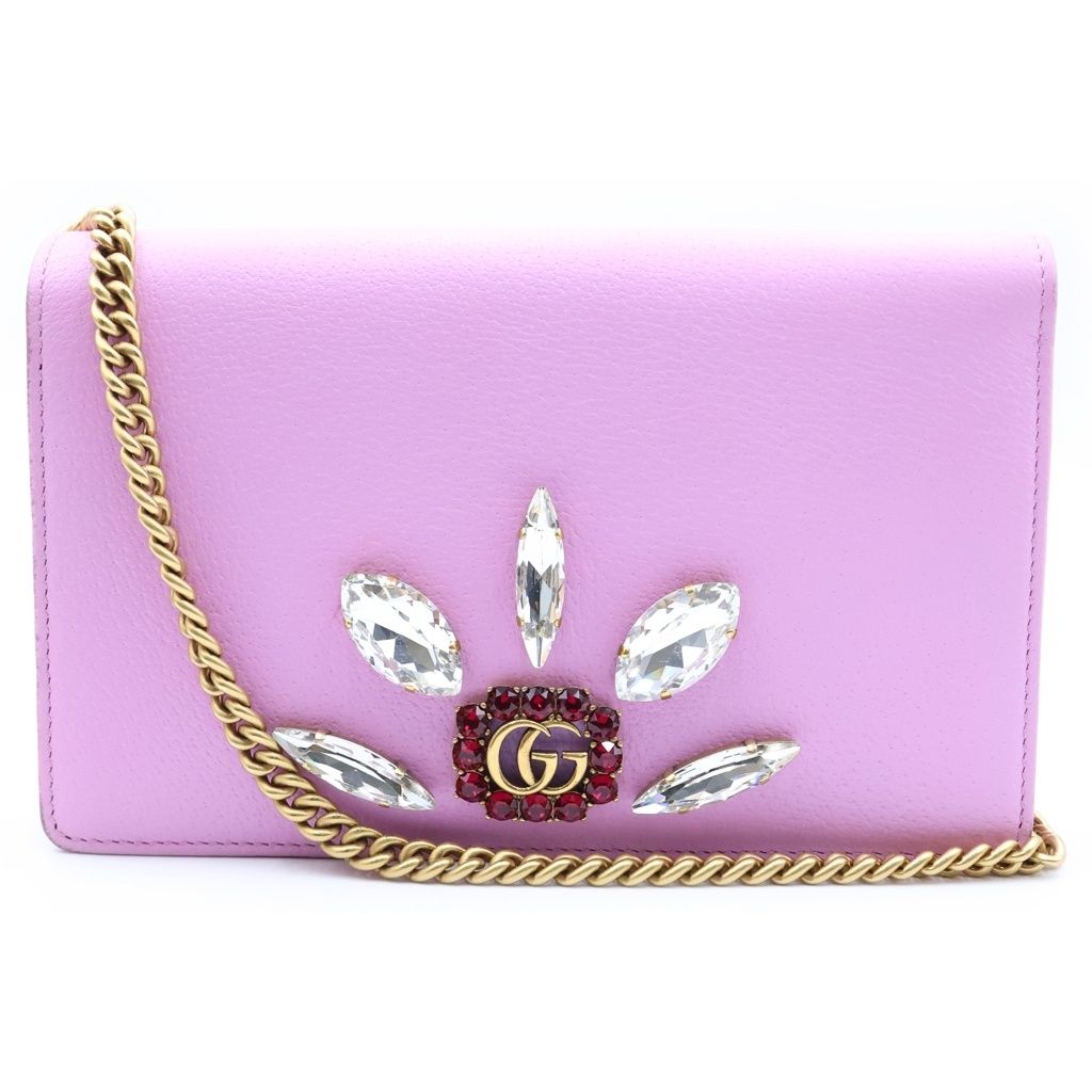 Gucci GG Marmont Bijou Chain Wallet Shoulder Bag Purple Pink Leather Gold