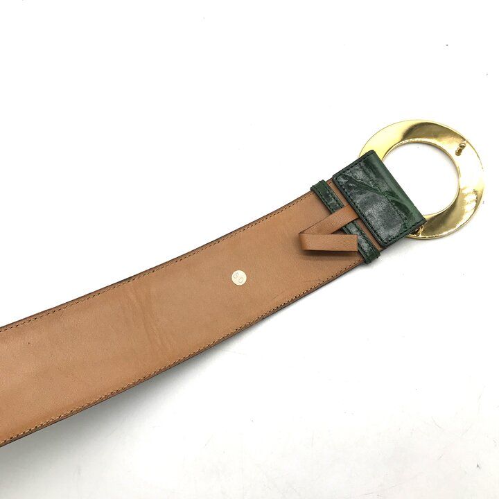 Celine Circle Buckle Logo Belt Croco Embossed Leather Green Vintage — view 5