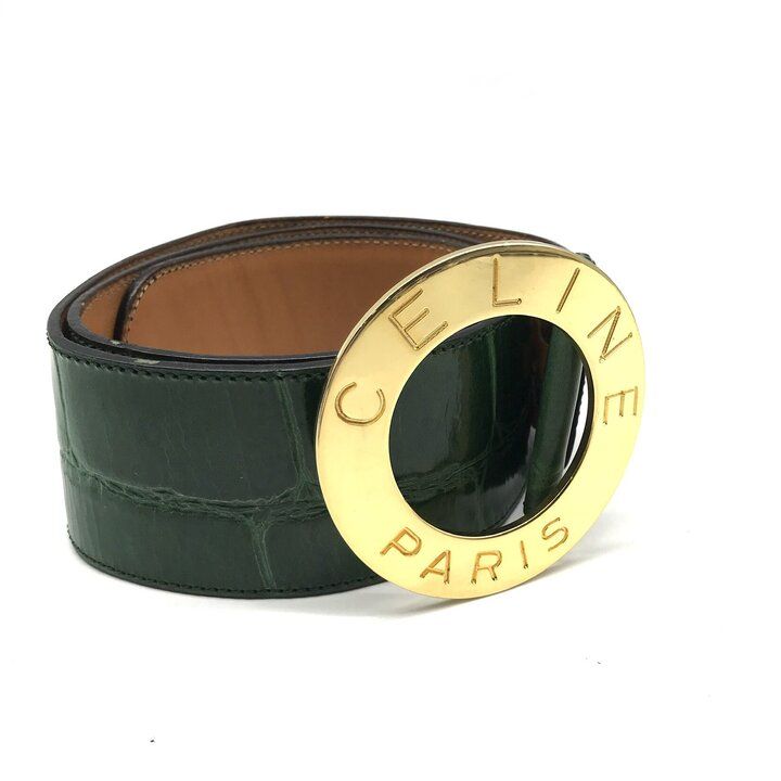 Celine Circle Buckle Logo Belt Croco Embossed Leather Green Vintage — view 4