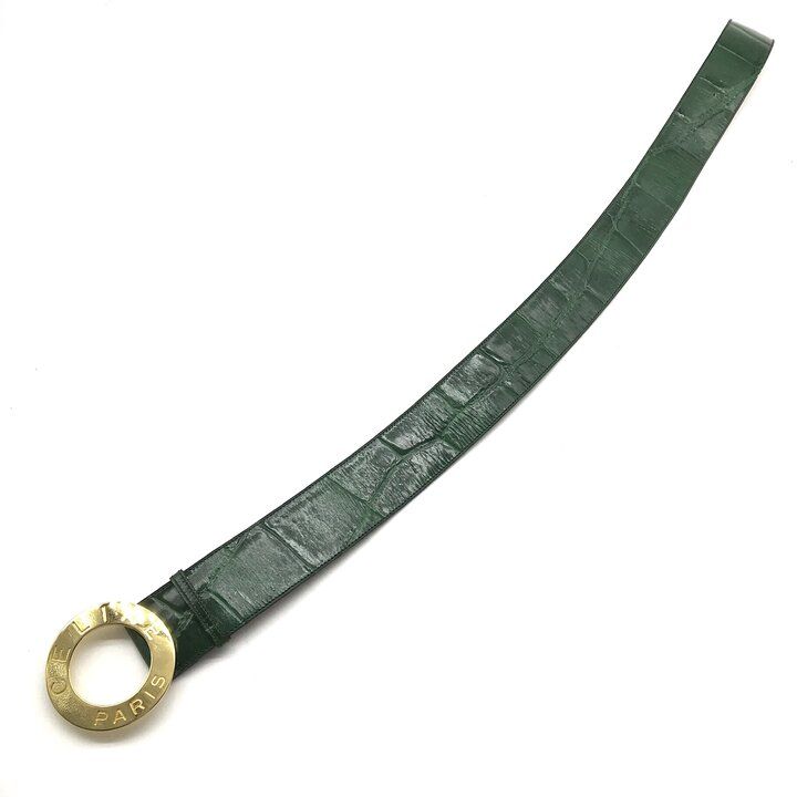 Celine Circle Buckle Logo Belt Croco Embossed Leather Green Vintage — view 2