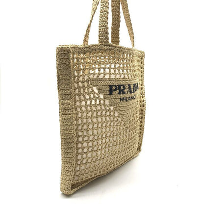 Prada Raffia Clochette Triangle Logo Viscose Basket Tote Bag Beige — view 2