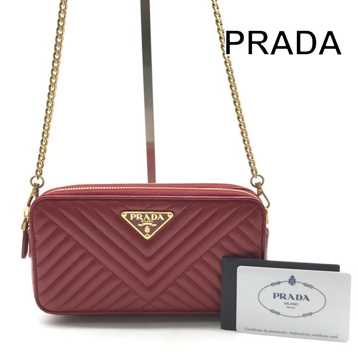 Prada Leather Chain Shoulder Bag Zip Around Wallet Red