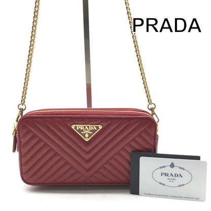 Prada Leather Chain Shoulder Bag Zip Around Wallet Red