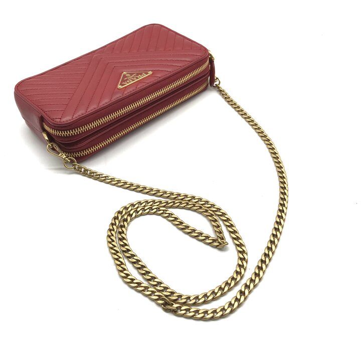 Prada Leather Chain Shoulder Bag Zip Around Wallet Red — view 6
