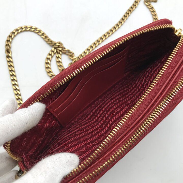 Prada Leather Chain Shoulder Bag Zip Around Wallet Red — view 8