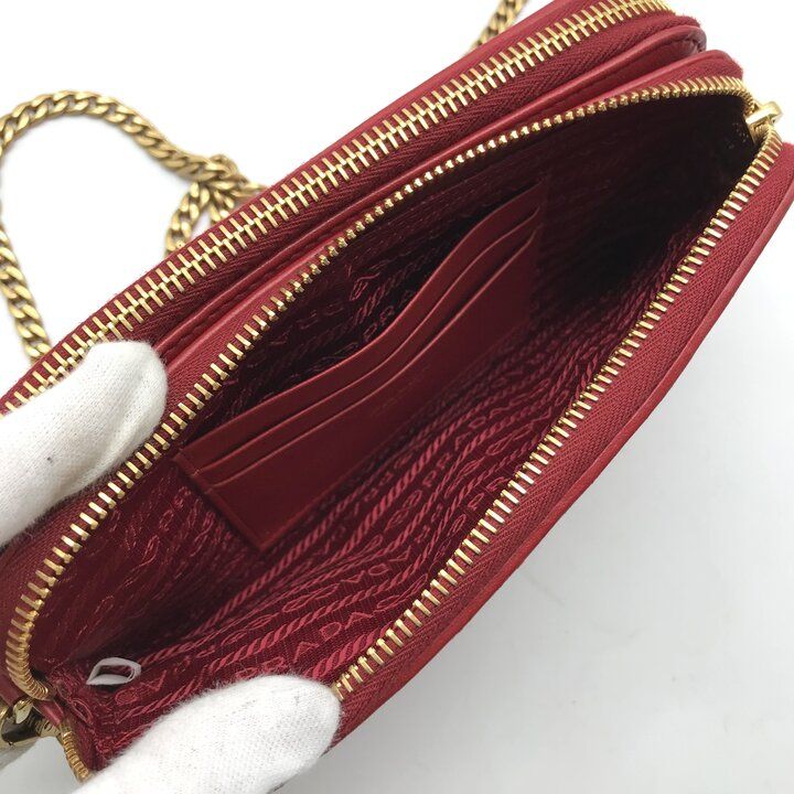 Prada Leather Chain Shoulder Bag Zip Around Wallet Red — view 7