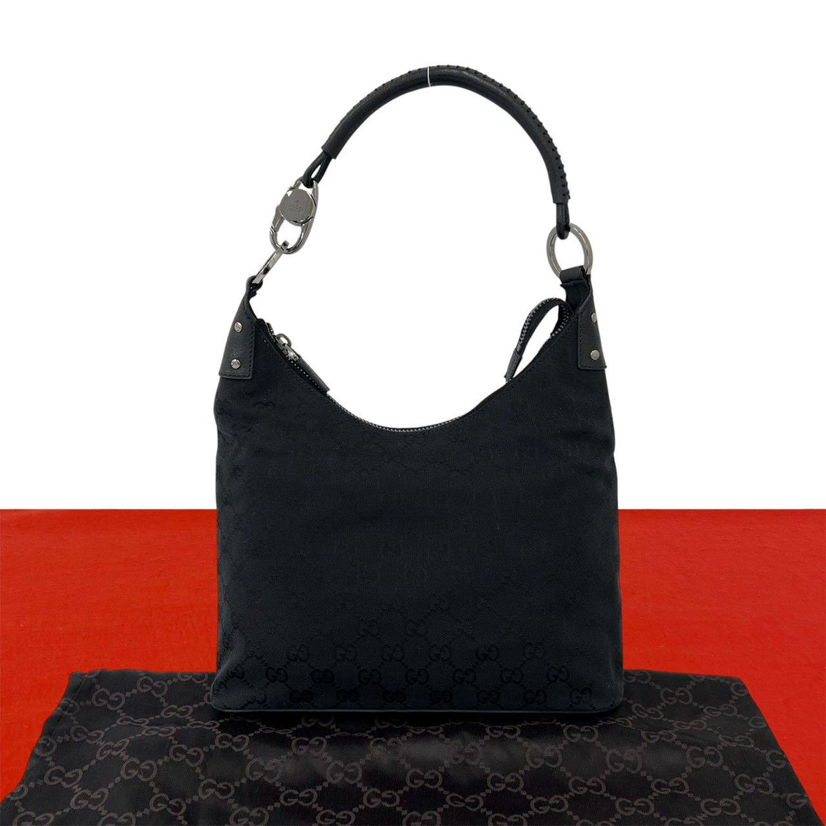 Gucci GG Pattern Logo Canvas Leather Shoulder Bag Tote Black