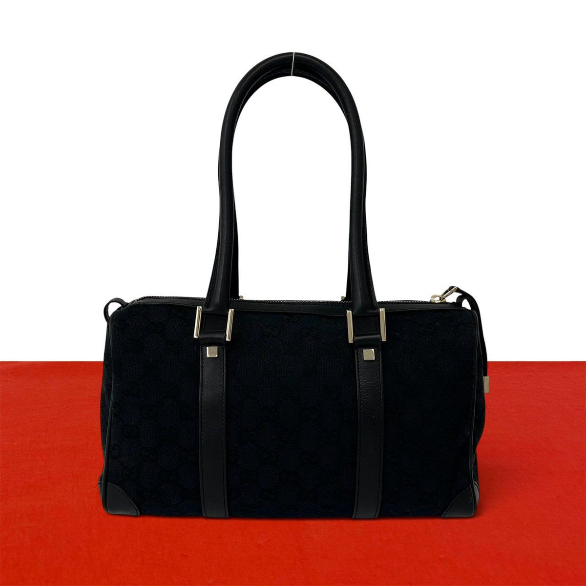 Gucci GG Pattern Logo Canvas Leather Tote Shoulder Bag Mini Black