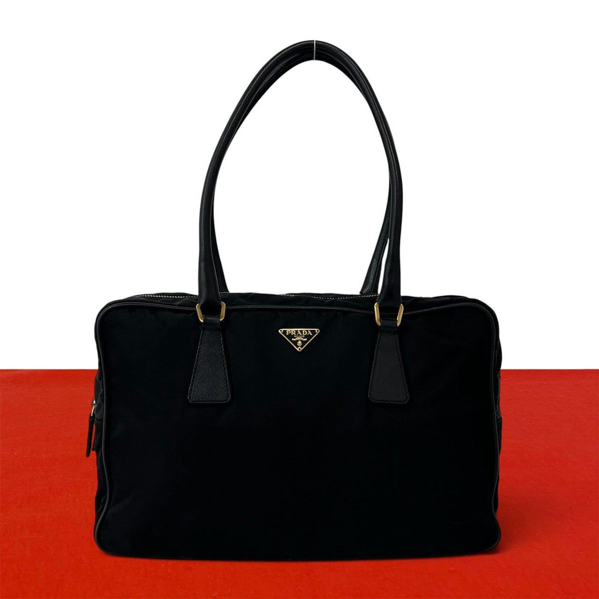 Prada Triangle Logo Tessuto Pocono Nylon Saffiano Leather Tote Shoulder Bag