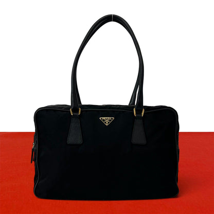 Prada Triangle Logo Tessuto Pocono Nylon Saffiano Leather Tote Shoulder Bag