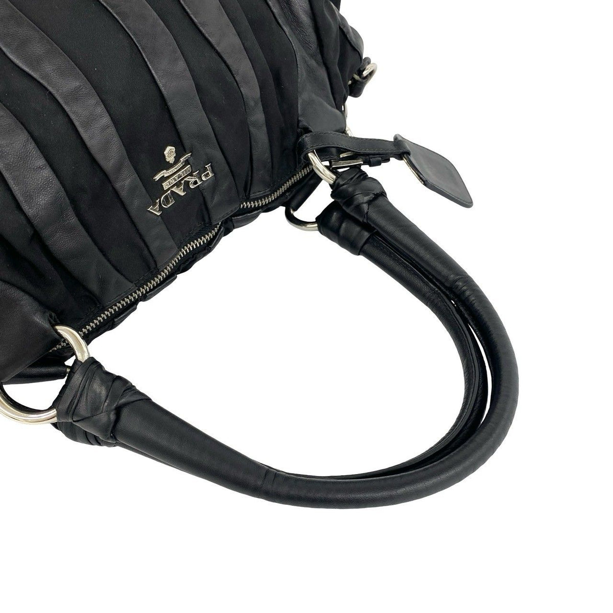 Prada Logo Stripe Leather Tessuto Pocono Nylon Tote Shoulder Bag Black — view 4