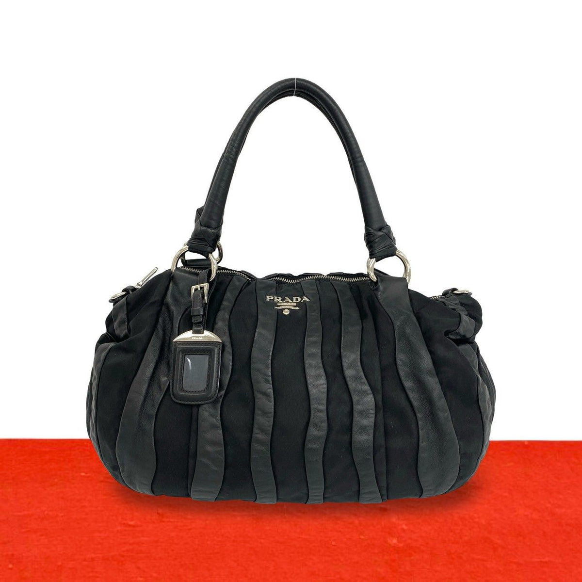 Prada Logo Stripe Leather Tessuto Pocono Nylon Tote Shoulder Bag Black