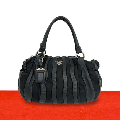 Prada Logo Stripe Leather Tessuto Pocono Nylon Tote Shoulder Bag Black