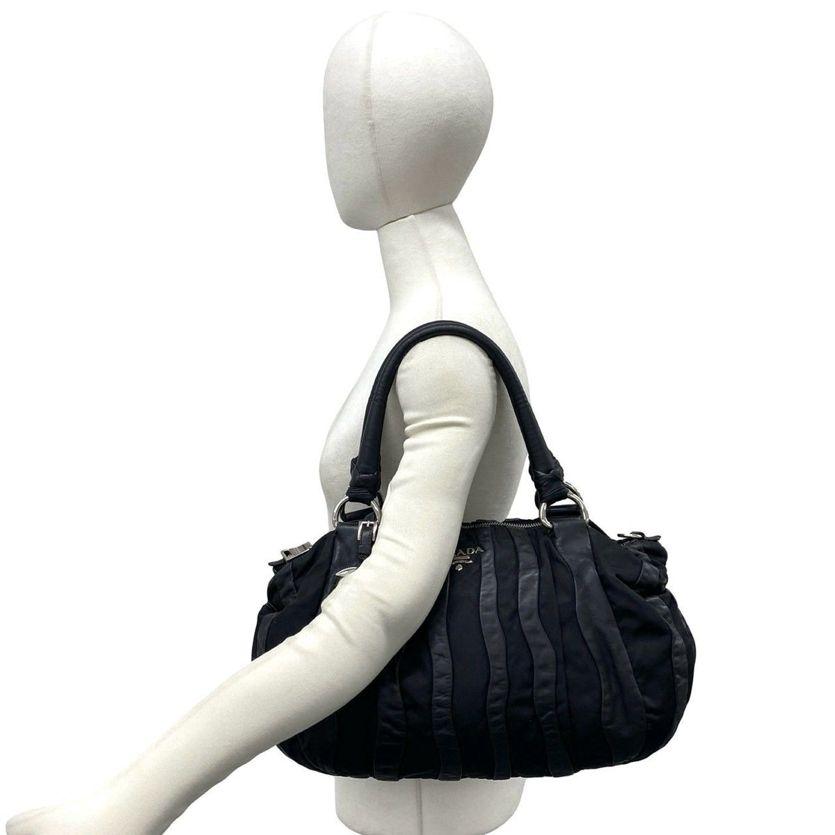 Prada Logo Stripe Leather Tessuto Pocono Nylon Tote Shoulder Bag Black — view 2