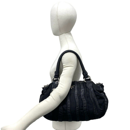Prada Logo Stripe Leather Tessuto Pocono Nylon Tote Shoulder Bag Black — view 2