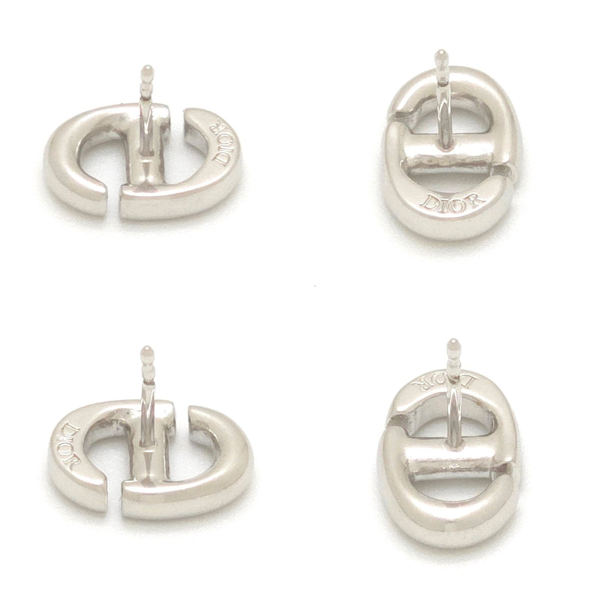 Dior CD Navy Stud Earrings CD Signature Silver Tone Metal Push Clasp — view 6