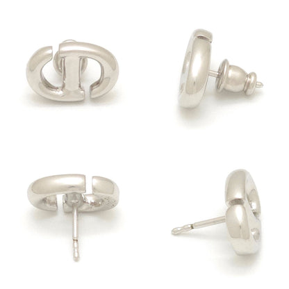 Dior CD Navy Stud Earrings CD Signature Silver Tone Metal Push Clasp — view 5