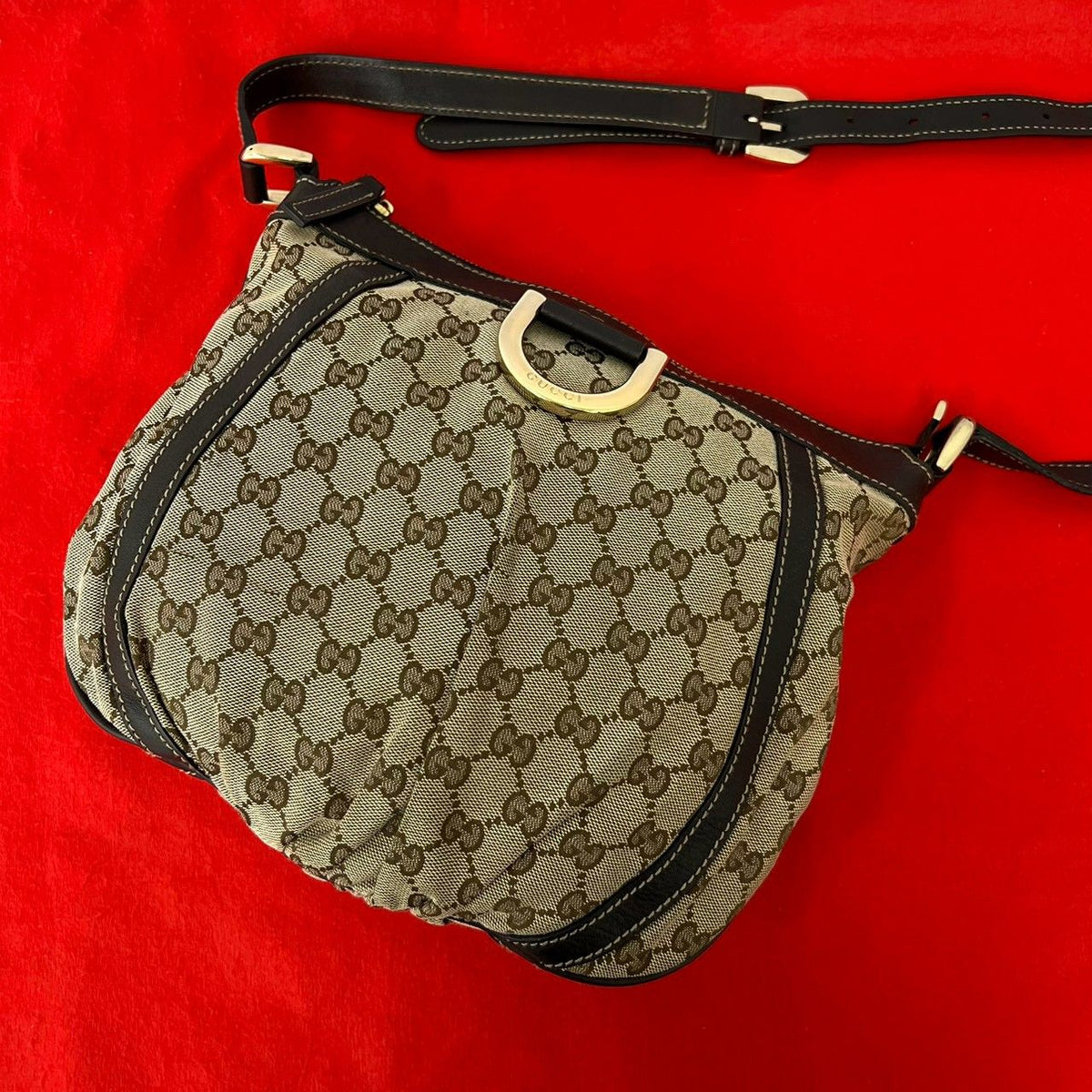 Gucci GG Pattern Logo Canvas Leather Shoulder Bag Cross Brown
