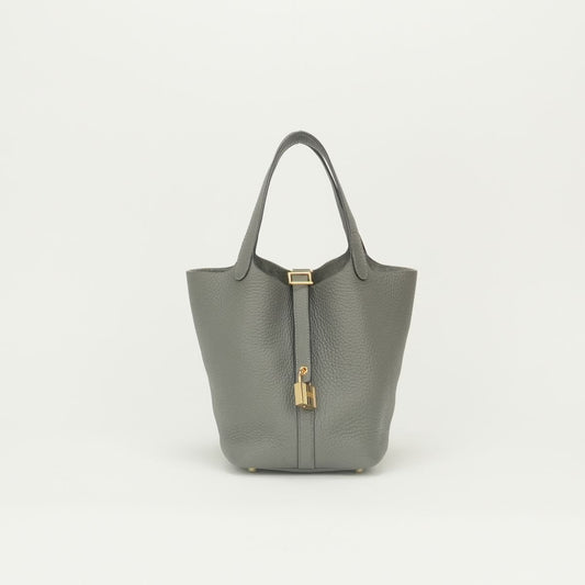 Hermes Picotin Lock PM 18 Tote Bag Taurillon Clemence Gris Meyer Gray Gold