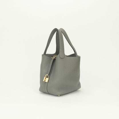 Hermes Picotin Lock PM 18 Tote Bag Taurillon Clemence Gris Meyer Gray Gold — view 2