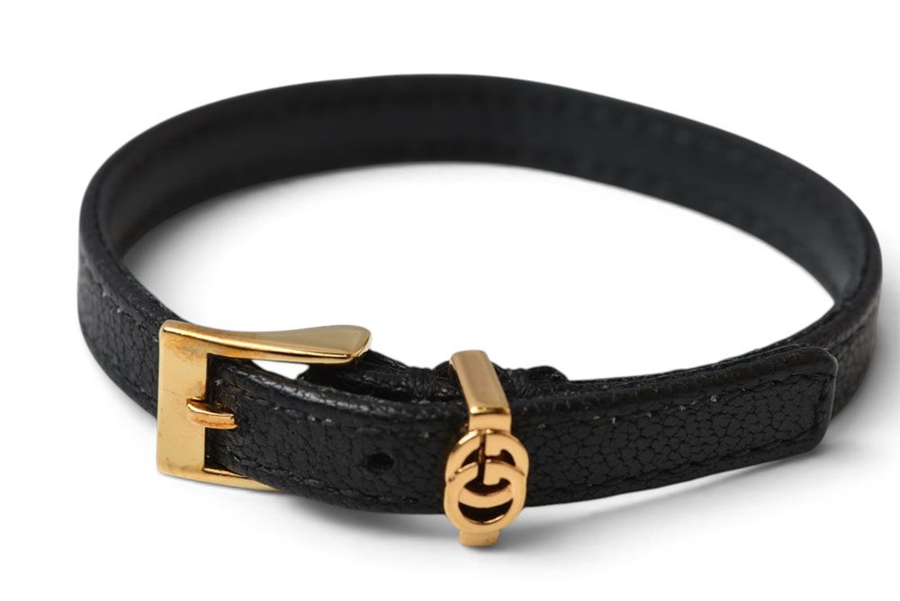 Gucci Bracelet Bangle Double G Leather Black Gold