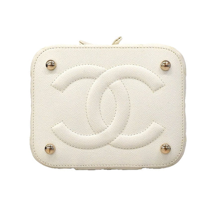 Chanel Vanity Bag Quilted Caviar Leather White Champagne Gold 2-Way Bag — view 3