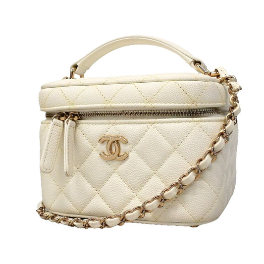 Chanel Vanity Bag Quilted Caviar Leather White Champagne Gold 2-Way Bag